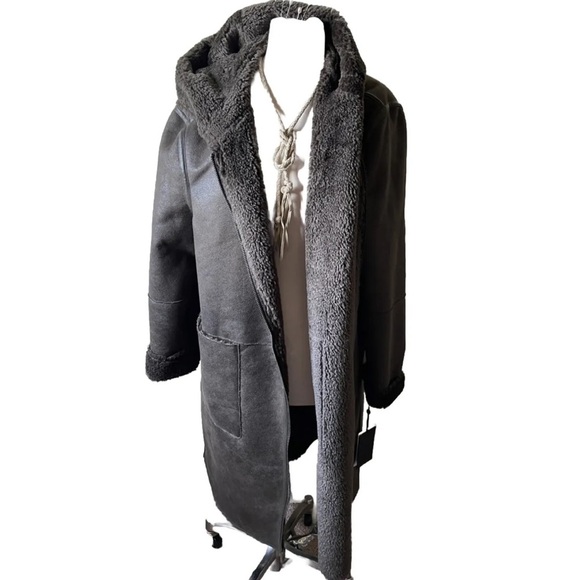NEW NWT $400 DKNY Hooded Faux Shearling Long Coat, Army Green Brown , 2XL PLUS - Picture 10 of 10